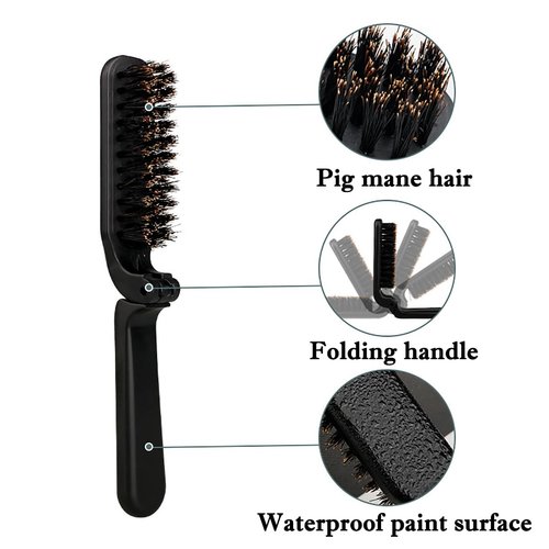Travel Hair Brush Foldable Hairbrush Pocket-fit Mini Hairbrush Wild Boar Bristle Travel Hairbrush for Men, Women and Children Compact Finishing Hairbrush Dry and Wet Straight Curls (black)