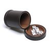 RERIVER PU Leather Dice Cup with Lid, Dark Chocolate Leatherette and Dark Brown Felt-Lined Quiet Dice Shaker Cup, Including 6 Black Dot Dice for Liars Dice/ Farkle/ Yahtzee Games, 1 Pack