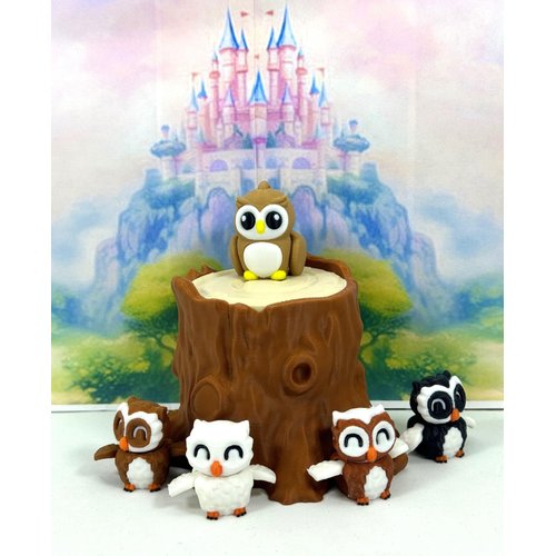 3D Printed Articulated Mini Owls with Tree Stump, 5 pcs Fidget Mini Owl Figure Toy, Executive Desk Toy, Home Decor, 3D Printed Tree Stump, Party Decorations MO001-5X