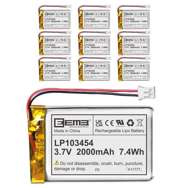 EEMB 10PACK Lithium Polymer Battery 3.7V 2000mAh 103454 Lipo Rechargeable Battery Pack with Wire JST Connector for Speaker and Wireless Device- Confirm Device & Connector Polarity Before Purchase