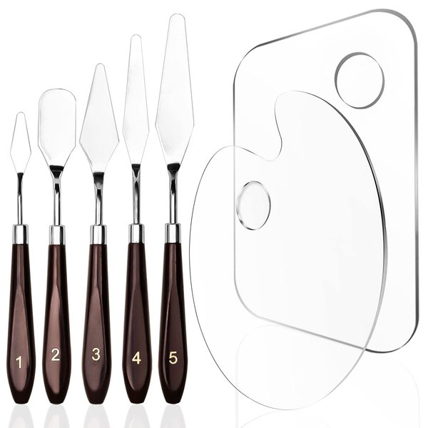 Set of 7, Acrylic Paint Palette and Palette Knife Painting SourceTon 2 Pieces with Thumb Hole Clear Paint Pallet and 5 Stainless Steel Wooden Handle Spatulas for Painting