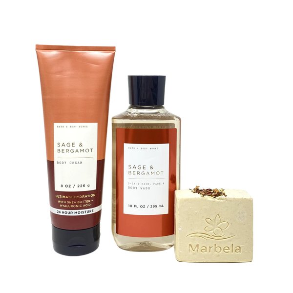 Bath & Body Works Sage & Bergamot 2 Piece Bundle - Body Cream and 3-In-1 Hair, Face & Body Wash with a Creamy Rose Bar Soap