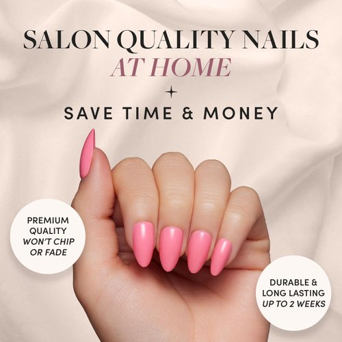 Glamnetic Press On Nails - Flamingo Pink | Opaque Classic Pink Short Almond Fake Nails, Reusable | 15 Sizes - 30 Nail Kit