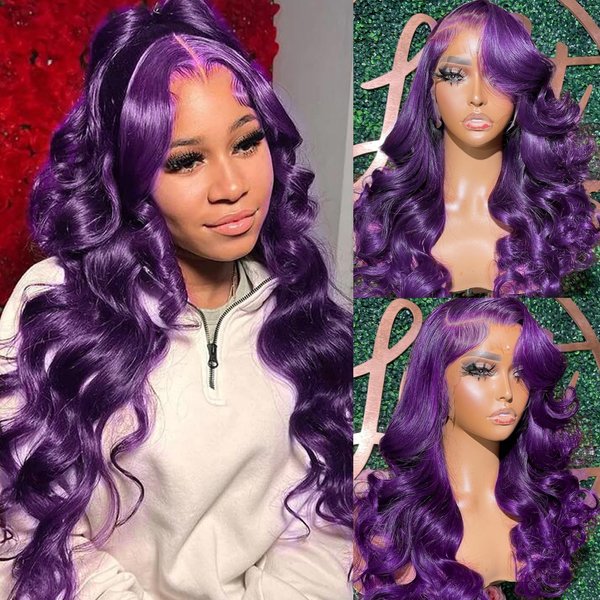 YMS Purple Transparent HD Lace Front Wigs Human Hair 200% Density Purple Human Hair Wigs for Women Body Wave 13x4 Lace Frontal Wigs Human Hair Pre Plucked 26 Inch Colored Gluless Wigs