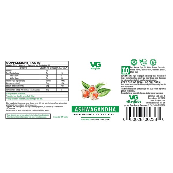 VitaGlobe Ashwagandha 25mg Gummies with Vitamin D2 100mcg and Zinc 2mg - Stress Relief, Mood Enhancer & Immune Support Supplement, 30 count