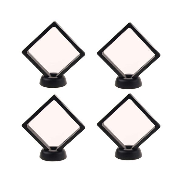 4 Pieces Coin 3D Display Stand Box Set Diamond Square Medallion Challenge Coin Chip Display Stand Holder 3D Floating Frame Display Stand Box for Coin Medallions Jewelry 3.54"x3.54" Black