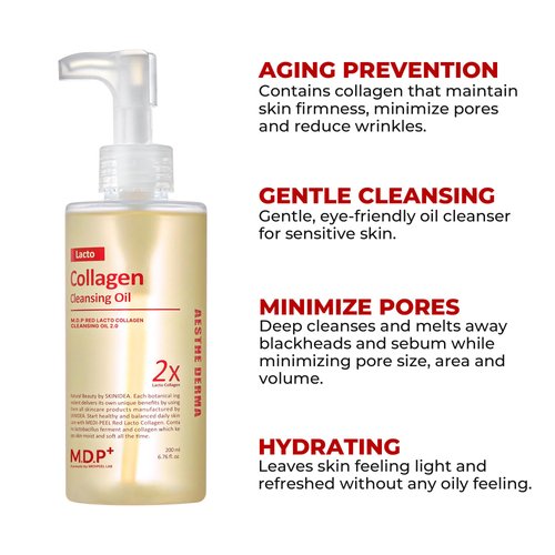 MDP+ RED LACTO COLLAGEN CLEANSING OIL 2.0, Pore Control, Deep Cleansing, Daily Makeup Remover, Blackhead Melting, Pore Cleanser, Korean Skin Care, Korean Facial Cleanser | 6.76 fl.oz, 200ml
