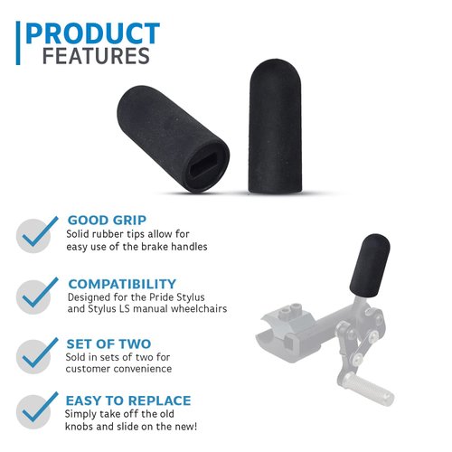 AlveyTech Replacement Black Rubber Brake Handle Tips for Pride Stylus & Stylus LS Folding Manual Wheelchairs (Pair) – Aluminum Medical Transport Wheelchair Brake Extenders for Pull To Lock Hand Brakes