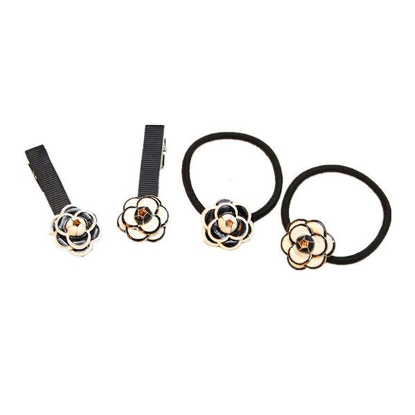 Ruihfas 2Pcs Korean Camellia Flower Hair Ties and 2Pcs Camellia Flower Hair Bangs Clips for Women Girls