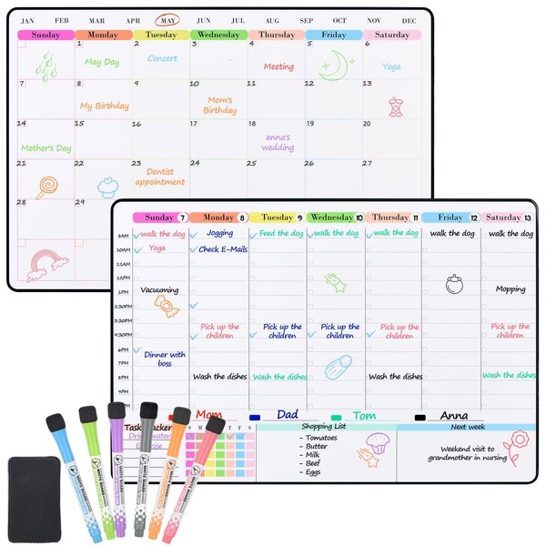 POPRUN Dry Erase Calendar weekly and monthly self adhesive stick on non-magnetic stainless fridge & Glass & Wall & wooden (any smooth surface) Schedule Board with Time Slots for Office and Family