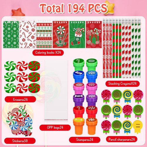 Cinrobiye 194 PCS Christmas Candy School Stationery Set Xmas Classrooms Exchange Stationery Party Favors Class Reward Prizes Notebooks Pencils Sharpener Erasers Stickers Stamps(Candy)