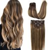GOO GOO Clip in Hair Extensions Real Human Hair, 22inch 135g 7Pcs, 4/27/4 Balayage Chocolate Brown to Caramel Blonde, Remy Human Hair Extensions Clip ins for Women, Natural Human Hair
