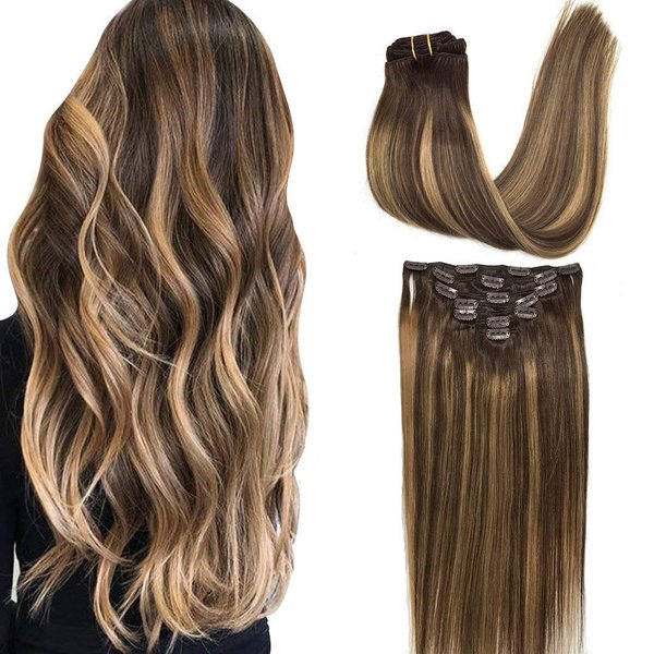 GOO GOO Clip in Hair Extensions Real Human Hair, 22inch 135g 7Pcs, 4/27/4 Balayage Chocolate Brown to Caramel Blonde, Remy Human Hair Extensions Clip ins for Women, Natural Human Hair