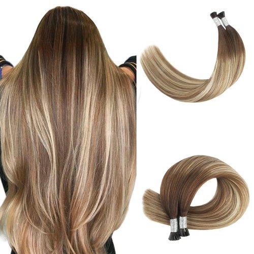 Sixstarhair I Tip Hair Extensions Human Hair Chocolate Brown Fading to Chestnut Brown Highlight Bleached Blonde Color 4/6/613 Balayage Itip Hair Extension 20Inch Cold Fusion Hair Extensions 50g/Pack