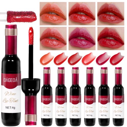 DAGEDA 6Pcs Wine Lip Tint, Lip Tint Stain Set Waterproof Wine Lip Stain Set, Liquid Wine Bottle Lip Gloss, Non-stick Cup Lip Makeup Gift Kit for Girls Women (D Set)