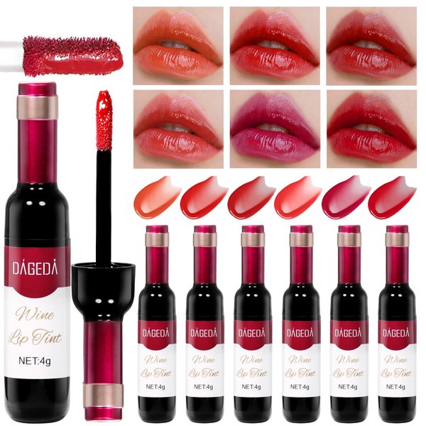 DAGEDA 6Pcs Wine Lip Tint, Lip Tint Stain Set Waterproof Wine Lip Stain Set, Liquid Wine Bottle Lip Gloss, Non-stick Cup Lip Makeup Gift Kit for Girls Women (D Set)