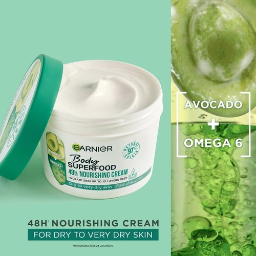 Garnier Nourishing Body Care for Dry Skin, Body Butter with Avocado and Omega 6, for up to 48 Hours of Moisture, Body Superfood, 1 x 380 ml