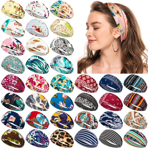 Yunsailing 36 Pcs Boho Headbands for Women's Hair Non Slip Wide Headband Yoga Workout Headband Print Hair Bands Sweat Hair Wrap Running Hair Accessories for Women Girls