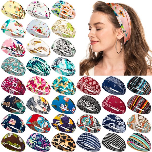 Yunsailing 36 Pcs Boho Headbands for Women's Hair Non Slip Wide Headband Yoga Workout Headband Print Hair Bands Sweat Hair Wrap Running Hair Accessories for Women Girls