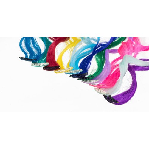 SWACC 22 Pcs Colored Party Highlights Clip on in Hair Extensions Multi-Colors Hair Streak Synthetic Hairpieces (11 Colors 22 Pcs in Set -Curly Wavy)