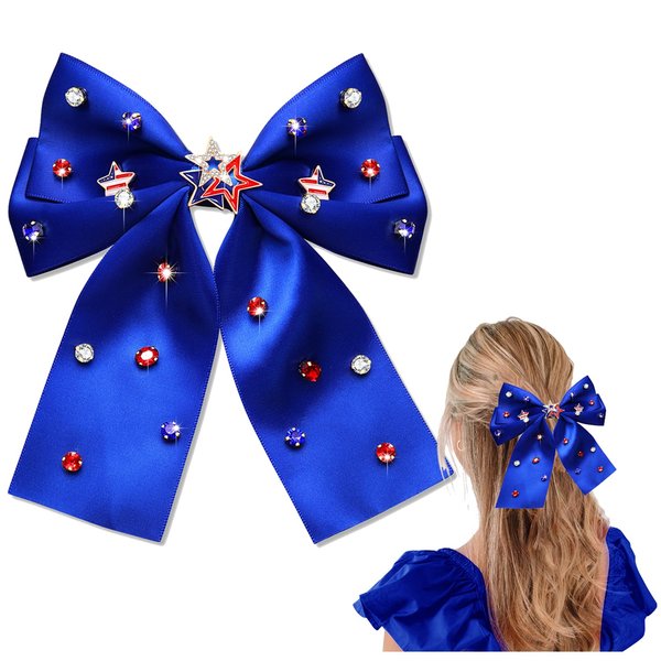 4th of July Hair Bows for Women Silky Satin Blue Bows Red White and Blue Accessories American Flag Star Patriotic Hair Ribbon Bow Clips 4th Of July Hair Accessories Outfits Gifts Party Favors (Blue)
