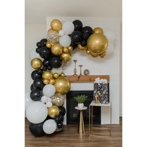 Black Gold White Confetti Balloons Garland Kit 112pcs 3 sizes 2 Foil Fringe Back drop Birthday Party Wedding Graduation Holiday Celebrating clear latex with black gold confetti dots 12 accessories