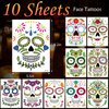 Day of the Dead Face Tattoos, Halloween Temporary Tattoo 10 Pack Dia de Los Muertos Skeleton Makeup Kit Catrina Red Rose Sugar Skull Full Face Stickers for Women Kids Halloween Accessories and Parties