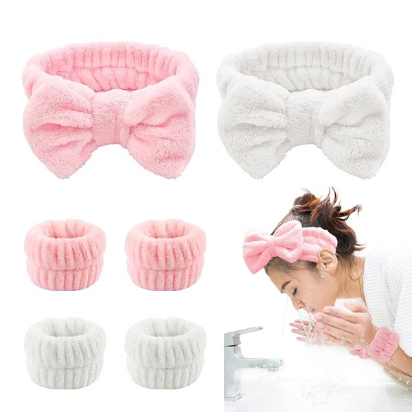 LIEWEILS Makeup headband,spa Headband and Wristband Set,bubble Skincare Headbands with Wristbands and Hair Scrunchies Set for Skin Care Makeup Removal Shower(pink+white)