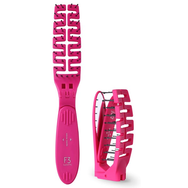 F3 Systems Compact Folding Hair Brush with Mirror - Detangling Comb for Adults & Kids, Portable for Travel & Storage, Wet & Dry Hair