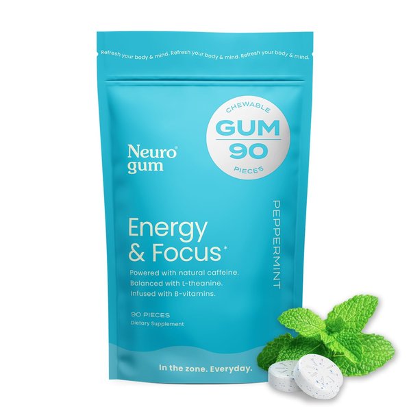 NeuroGum Energy Caffeine Gum (90 Pieces) - Sugar Free with L-theanine + Natural Caffeine + Vitamin B12 & B6 - Nootropic Energy & Focus Supplement for Women & Men - Keto & Vegan, Peppermint Flavor