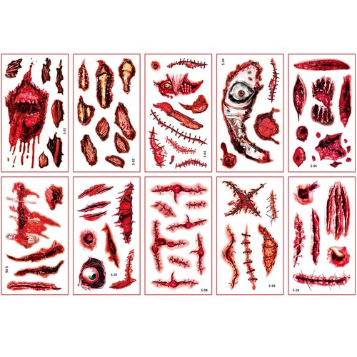 VEOFEMLEA 10 Sheets Halloween Scar Tattoos, Horror Realistic Fake Bloody Wound Stitch Scar Scab, Waterproof Temporary Tattoo Sticker, Halloween Party Decorations For Women and Men (S), 12cm x 7cm Each