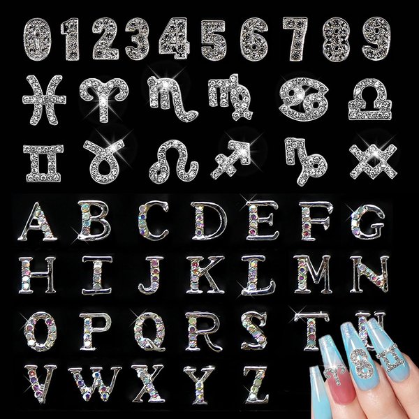SILPECWEE 48pcs 3D Silver Nail Charms, 12 Zodiac Nail Charms, 10 Number Nail Charms, 26 Letter Nail Charms, Nail Studs Jewels Rhinestones Nail Art Decoration for Acrylic Nails