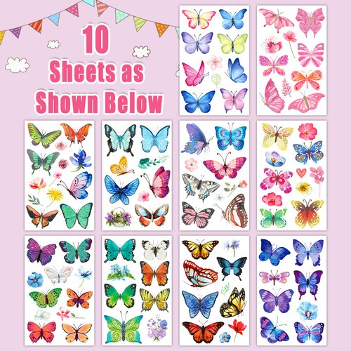 Partywind 10 Sheets Butterfly Temporary Tattoos for Kids Girls Women, Butterfly Fake Tattoo Stickers for Party Supplies Favors, Waterproof Butterfly Tattoos for Body Art Accessories