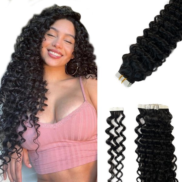 Curly Tape in Hair Extensions Human Hair Natural Black Invisible Tape in Extensions Real Human Hair 40PCS Natural Curly Human Hair Extension Tape ins for Black Women 14 Inch 100G with Extra Tabs