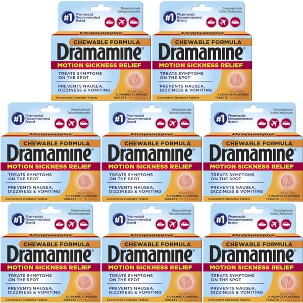 Dramamine Motion Sickness Relief, Chewable Orange Flavor, 8 Count, (Pack of 8)