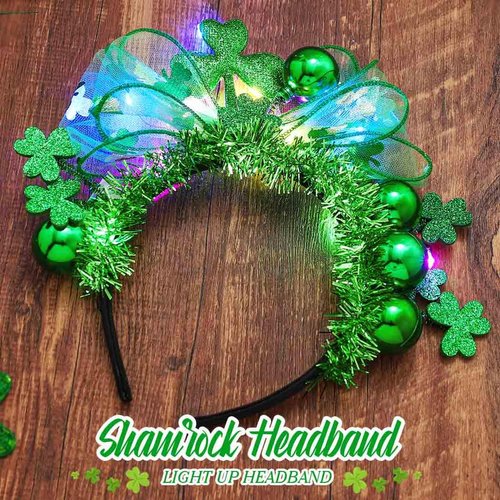 Yean St Patrick Day Shamrock Headband Light Up Ball Green Bow Headdress Holiday Party Hair Band Costume Accessories for Women and Girl