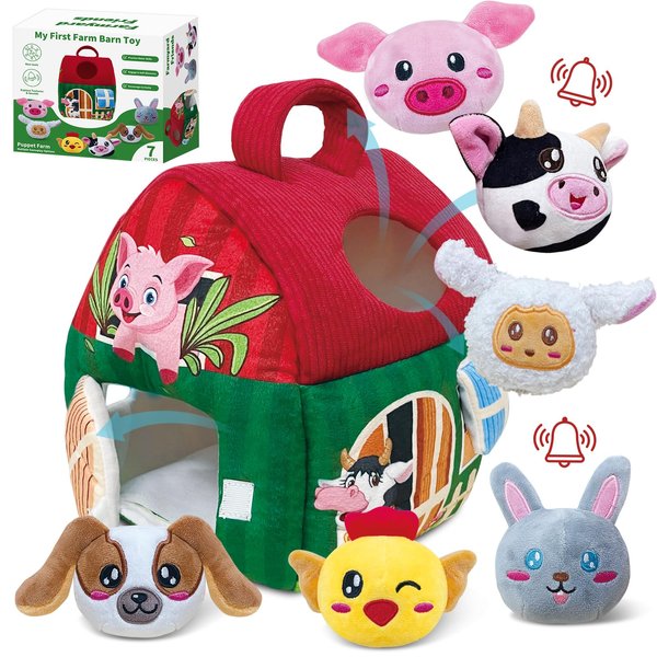 Elfew Baby Toys 6-12 Month, Soft Barn Farm with Stuffed Animals, Baby Montessori Sensory Toys, Plush Farm Animals for Toddlers 1-3, Plush Play Set with Barn