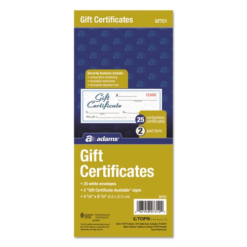 Adams Gift Certificate Book, Carbonless, Single Paper, 3.4 x 8 Inches, White/Canary, 2-Part, 25 Numbered Certificates Plus Store Sign (GFTC1)