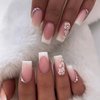 BABALAL Square Press on Nails Medium Fake Nails Pink White French Glue on Nails Squoval Acrylic Nails 3d Flower Rhinestones Stick on Nails for Women and Girls