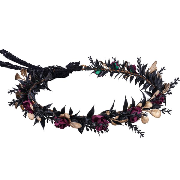 MOSTORY Handmade Elf Black Flower Crown - Fairy Floral Headband Gothic Red Headpiece Dark Elven Wreath Tiara for Renaissance Halloween Cosplay Wedding Bridal Shower