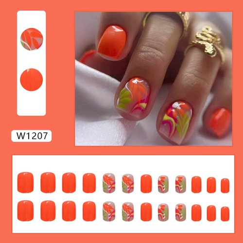 24Pcs Orange Press On Nails Short Square - WLGDLH Fake Nails Bright Glossy False Nails Press ons with Colorful Flower Design Nail Tips Full Cover Acrylic Nails Art Kit for Women Manicure