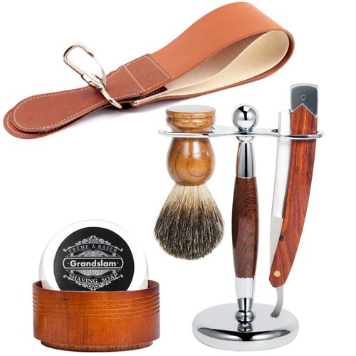 Men Straight Shaving Razor Badger Hair Brush Stand Holder Leather Strop Soap Bowl