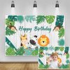 Yeele 7x5ft Safari Animals Happy Birthday Backdrop Jungle Wildlife Tropical Green Leaves Rustic Wooden Photography Background for Kids Birthday Party Decorations Cake Table Banner Supplies Vinyl