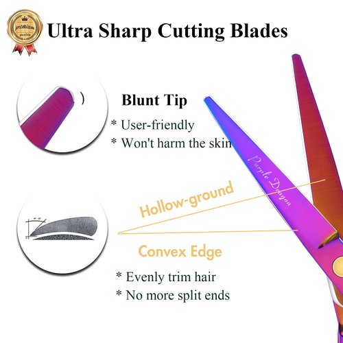 5.5 inch Purple Hair Cutting Scissors Set with Razor, Leather Scissors Case, Barber Hair Cutting Shears Hair Thinning/Texturizing Shears for Professional Hairdresser or Home Use (Multi-colored)