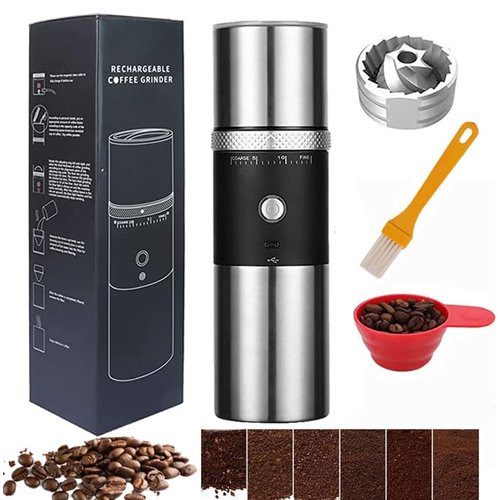 Electric Burr Coffee Grinder,Toycol Portable Cordless Rechargeable Espresso Coffee Bean Grinder,USB Battery Travel Car Coffee Maker with 15 Fine to Coarse Grind Settings for Home Use (Black)