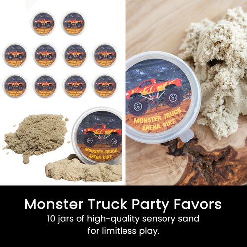 Monster Truck Party Favors for Kids 3-8 (10 Jars) Quartz Sand - Monster Truck Sand - Sensory Sand for Kids-Includes Customizable Printable Monster Truck Birthday Decorations-Creative Molding Sand