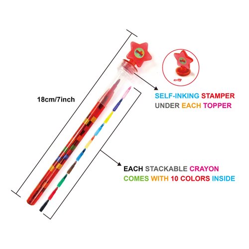 TINYMILLS 24 Pcs Color Blocks Brick 2 in 1 Stackable Stacking Crayon with Extra Stamper Topper, Kids Party Favors, Goodie Bag Stuffers, Classroom Rewards, Prizes