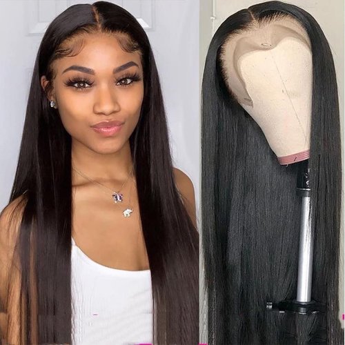24 Inch Lace Front Wig with Baby Hair Synthetic and 2 wig hairnets, Synthetic Artificial Wavy Human Hair Wigs Long Straight Dark Black Middle Part Lace Wigs Pre Plucked Heat Resistant Soft Hair