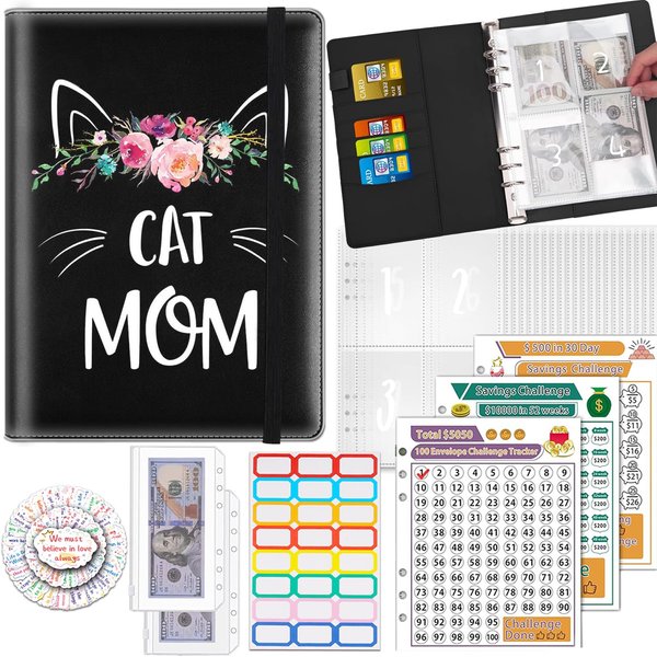 100 Envelopes Money Saving Challenge Binder, A5 Budget Binder with 25 pcs Cash Envelopes, 3 pcs Reusable Laminated Trackers Saving $5050, $500, $10000, Money Organizer,Cat Mom Floral Design