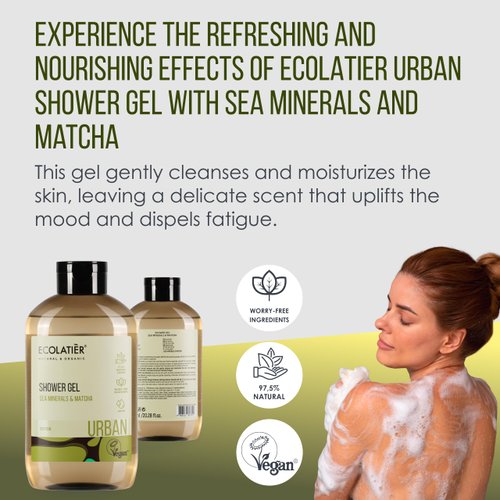 Ecolatier Sea Minerals & Matcha Body Wash, 97.5% Natural Ingredients, Detox & Moisturizing Natural Body Wash, Vegan, Gentle Cleansing, 20.3 Fl Oz